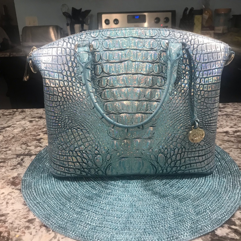 Brahmin Artic Iridescent Blue Medium Duxbury leather Crocodile-Embossed Bag New